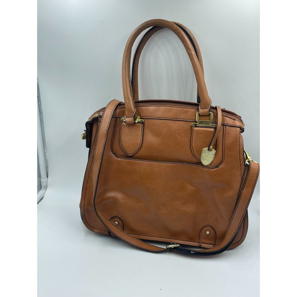 London Fog Satchel Shoulder Bag Cognac Brown Top Handle Purse w/ Crossbody Strap
